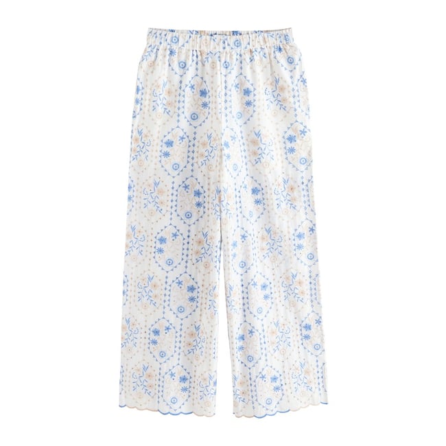 Pantalon large brodé écru/neutre/bleu <span itemprop=