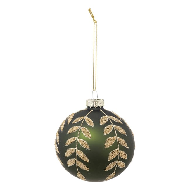 Boule de noël vert avec feuilles dorées en verre 80mm Couleur vert <span itemprop=