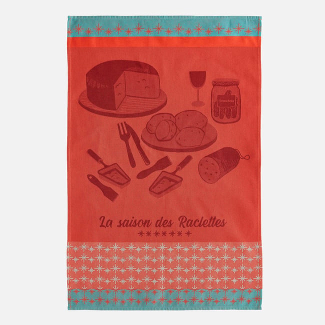 Torchon jacquard LA SAISON DES RACLETTES rouge <span itemprop=