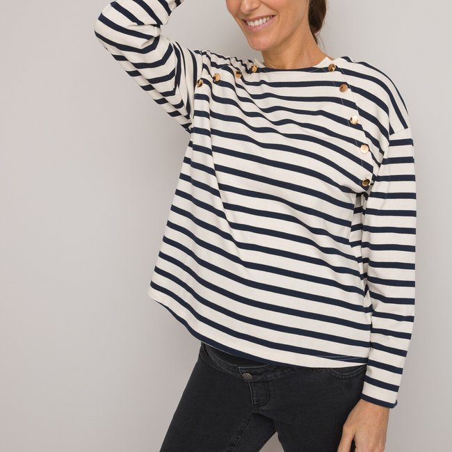 Striped Maternity T-Shirt with Long Sleeves, blue/beige striped, LA REDOUTE COLLECTIONS