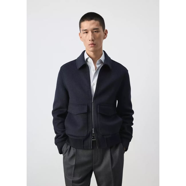 Veste laine mélangée poches bleu nuit <span itemprop=