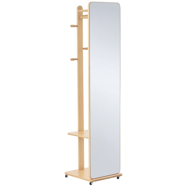 Miroir sur pied avec roulettes - portant, 4 patères étagère - aspect bois Couleur beige <span itemprop=