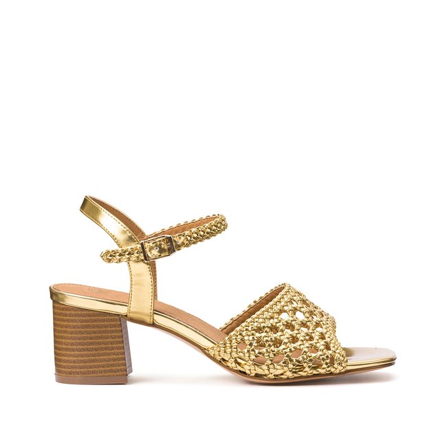 Sandales tressees talon large dore La Redoute Collections La Redoute