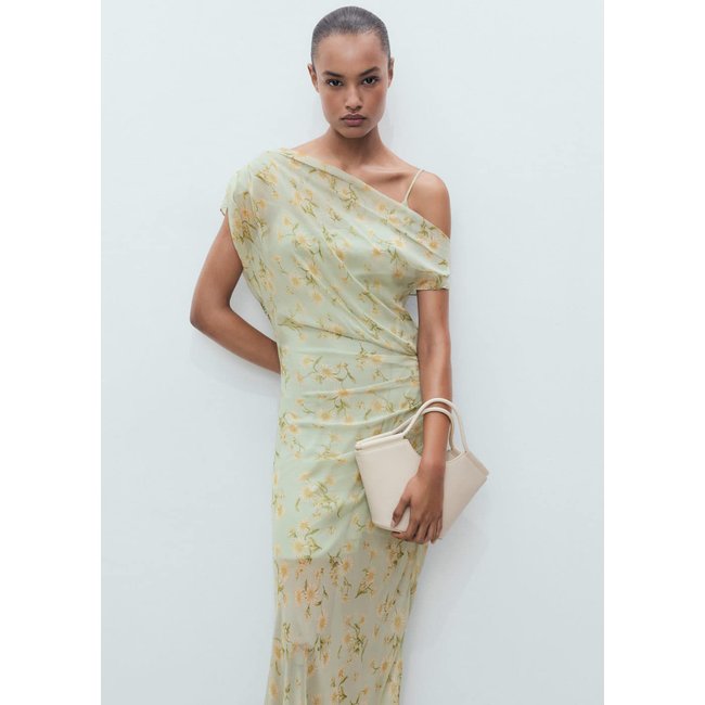 Robe à fleurs drapée semi-transparente vert pastel <span itemprop=