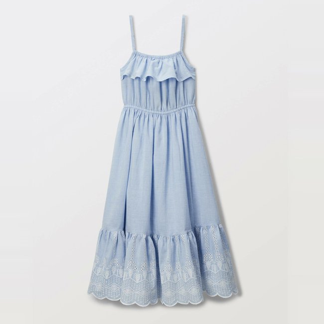 Robe longue à bretelles brodée en coton bleach denim <span itemprop=