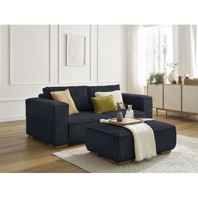 Canapé droit fixe 3 places en gros côtelé doux avec pouf, CHELSEA - BOBOCHIC