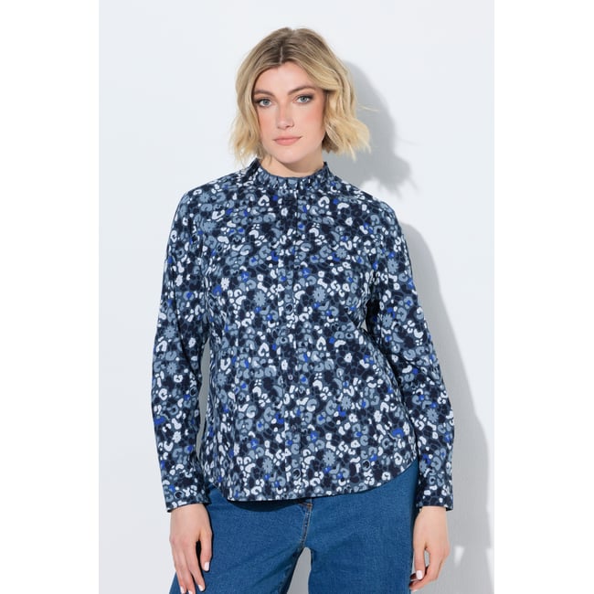 Chemisier motif léopard et ruchés bleu jean mat <span itemprop=