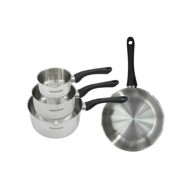 Batterie 1 poêle 24cm + 3 casseroles 12/16/20cm GENEVA inox|noir <span itemprop=