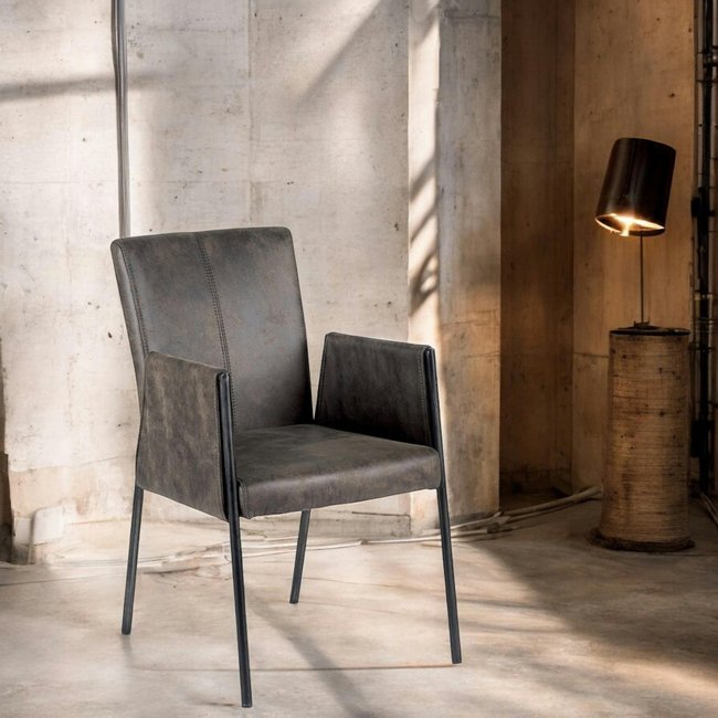 Chaise fauteuil avec accoudoirs tissu microfibres gris et pieds métal noir Couleur gris <span itemprop=