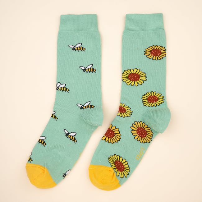 Chaussettes ABEILLE vert avec motifs abeilles et tournesols <span itemprop=