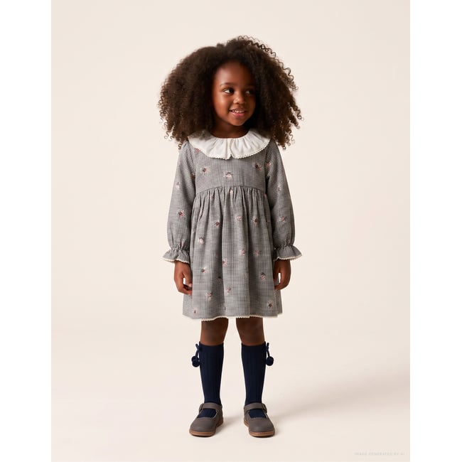 Robe en coton à motif Vichy et imprimé floral bleu foncé <span itemprop=