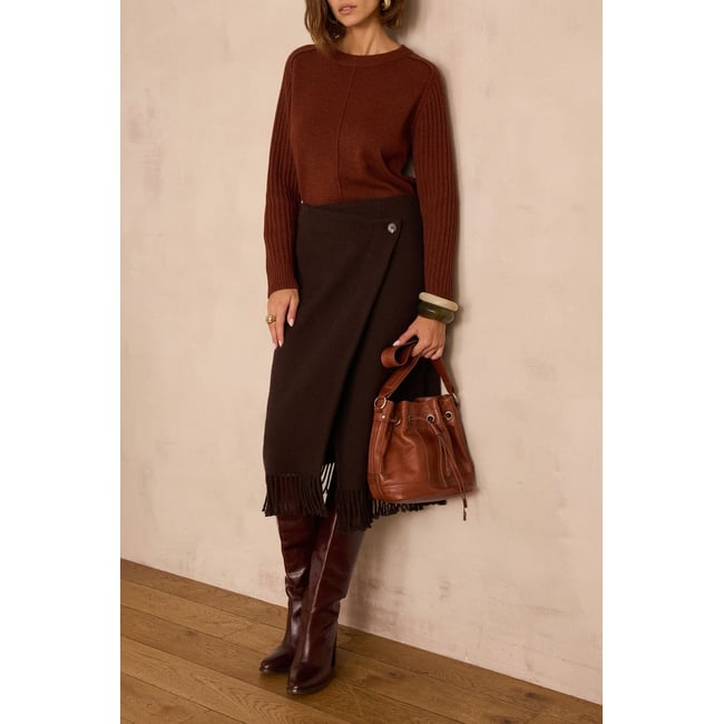 Jupe longue ELONA en laine marron <span itemprop=