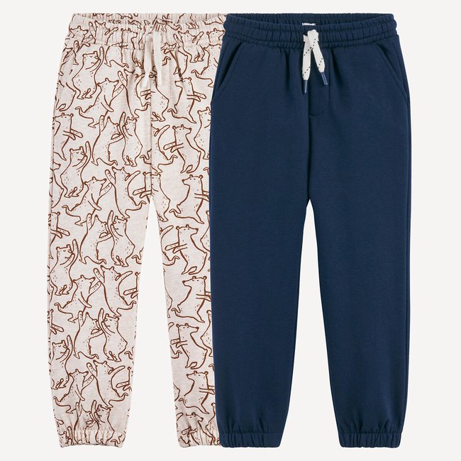 Lote de 2 pantalones de chándal de forro polar azul marino + beige estampado <span itemprop=