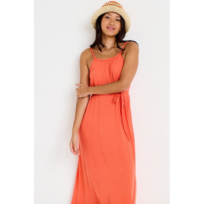 Robe longue évasée sans manches rouge corail <span itemprop=