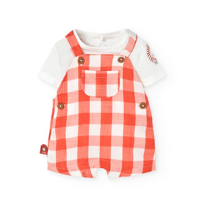 Ensemble t-shirt et salopette courte à carreaux orange <span itemprop=