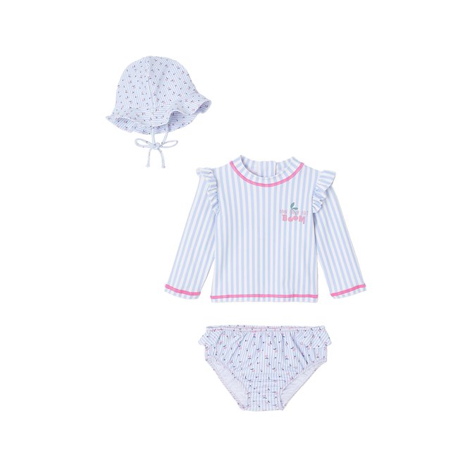 Maillot bain 3 pièces rayures bleu clair <span itemprop=