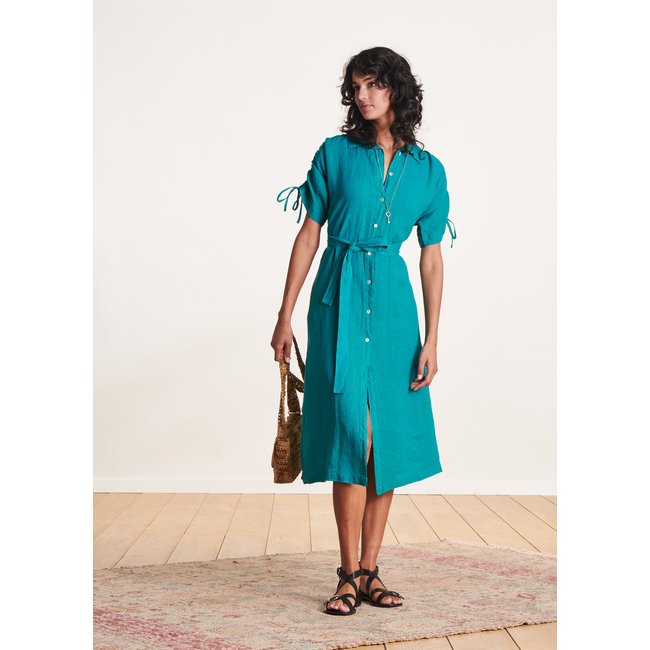 Robe chemise mi-longue oversize en lin bleu clair <span itemprop=