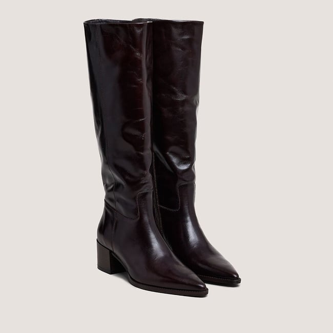 Bottes pointues à talons, en cuir, PRIERE marron foncé <span itemprop=