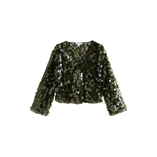 Haut à manches longues, col v et sequins vert <span itemprop=