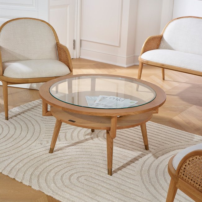 Table basse ronde en chêne massif et verre trempé MANHATTAN Couleur teinte claire <span itemprop=