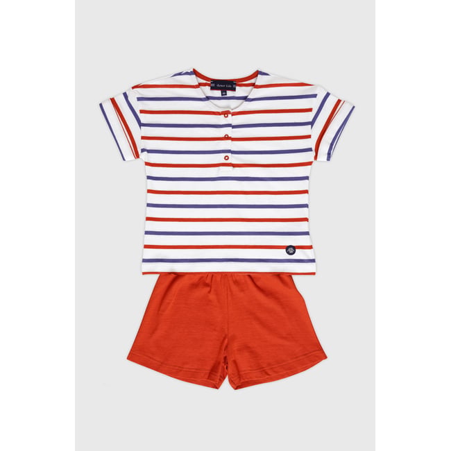 Ensemble pyjashort - coton KIDS blanc/skipper/ketchup <span itemprop=