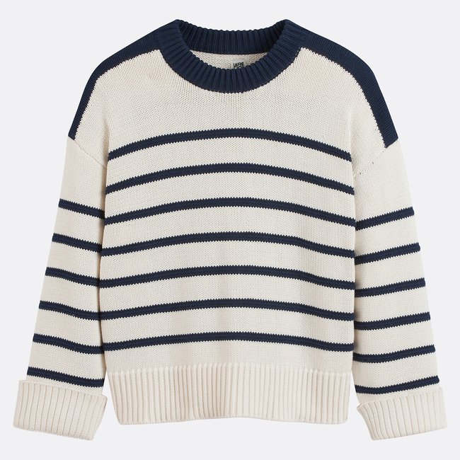 Chunky Knit Jumper with Crew Neck, ecru/navy striped, LA REDOUTE COLLECTIONS