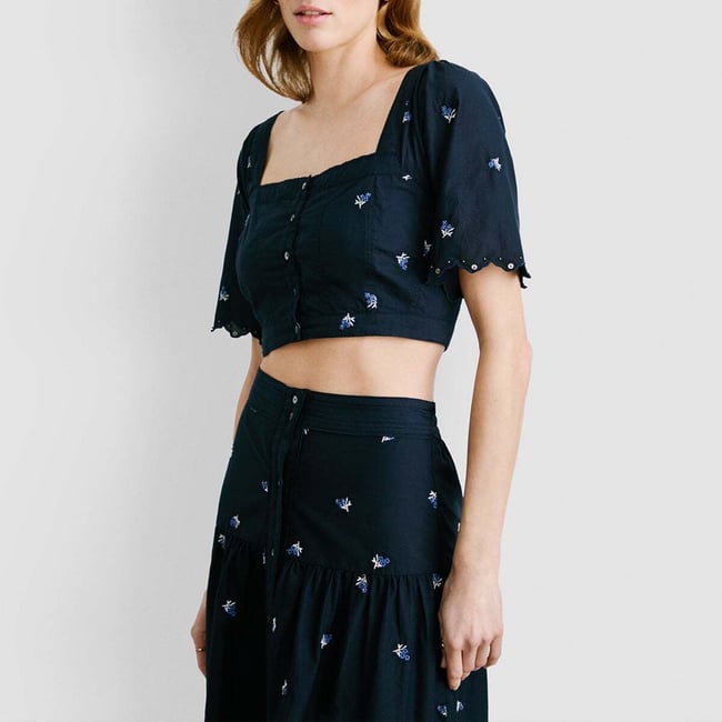 Top À Fleurs Brodées En Popeline bleu dulwich <span itemprop=