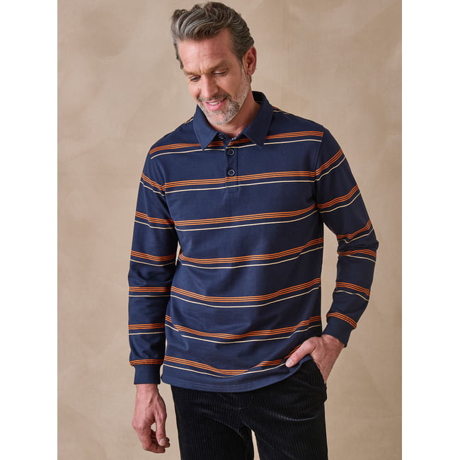 Polo rayé manches longues marine/orange <span itemprop=