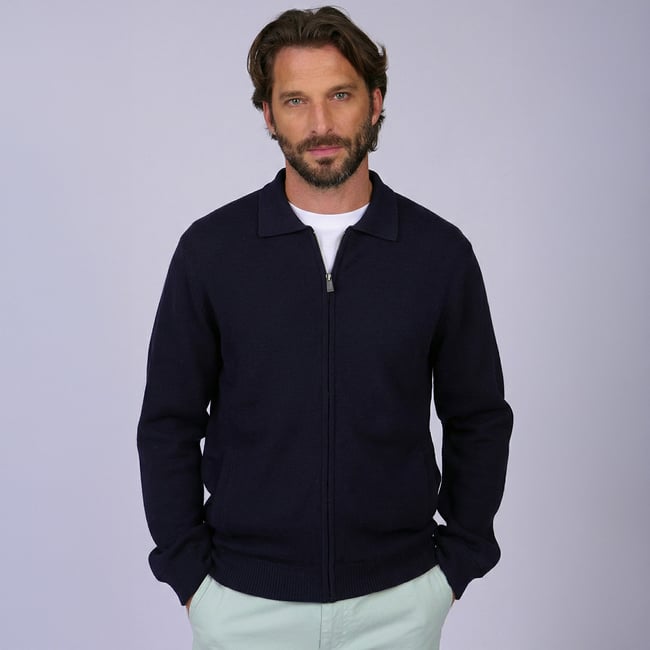 Cardigan zippé Gustave bleu marine <span itemprop=