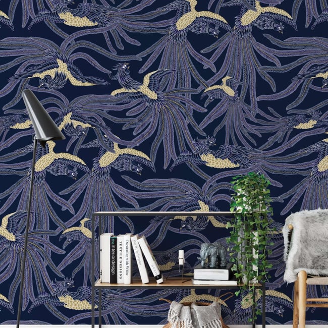 Papier peint avec Phénix mythique, Fond bleu - 85x260 cm (l x h) Couleur bleu <span itemprop=