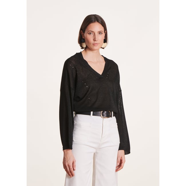 Pull uni oversize à col V en maille irisée noir <span itemprop=