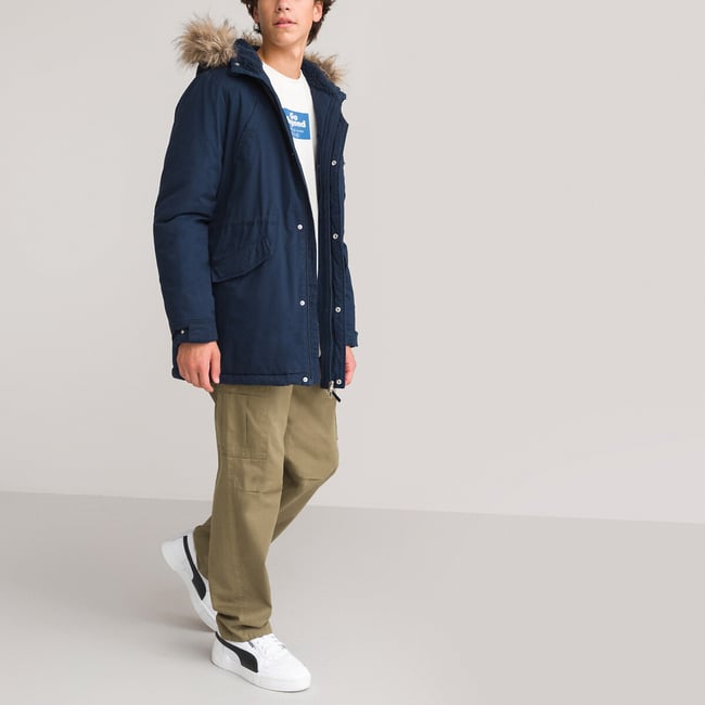 Parka chaude à capuche  bleu marine <span itemprop=