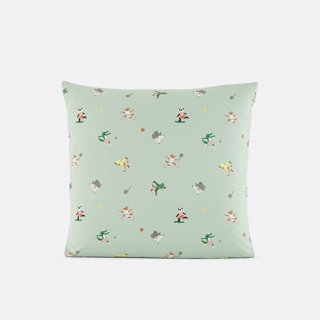 Funda de almohada infantil, 50% algodón reciclado, estampado de animales, ANIMAUX SPORTIFS verde azulado <span itemprop=