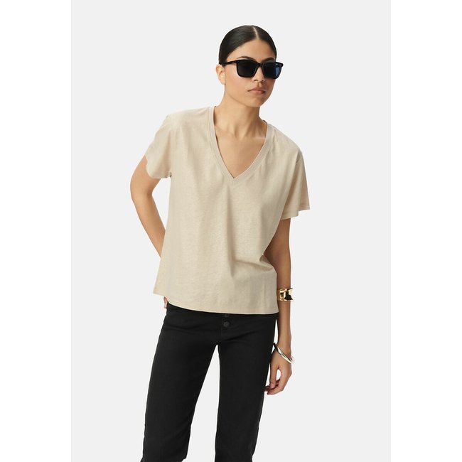 T-shirt irisé col V manches courtes, lin/viscose lin <span itemprop=