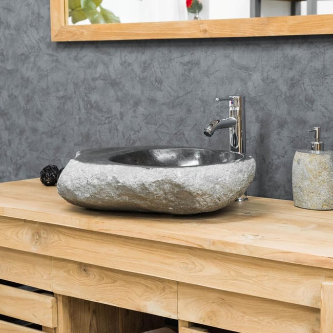 Vasque en galet de rivière ovale à poser 40-45 cm Couleur gris <span itemprop=