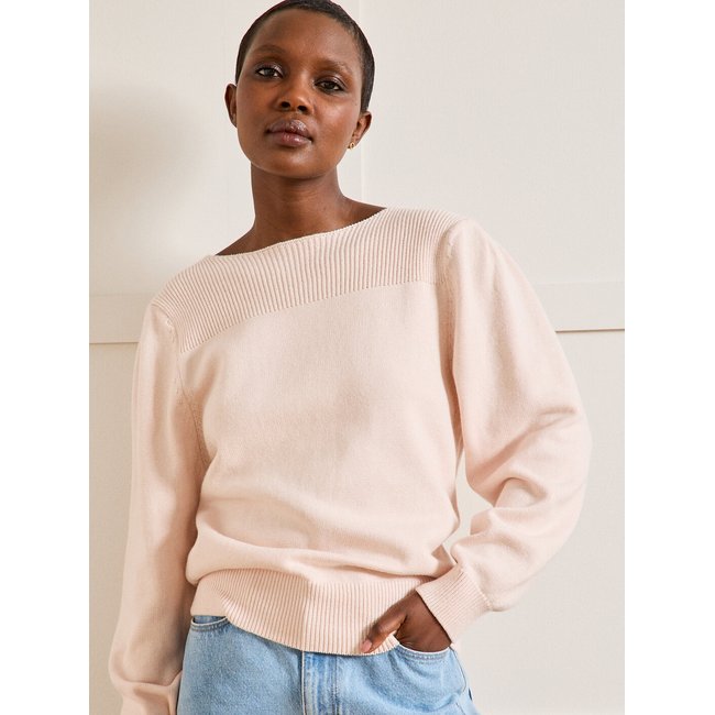 Pull col bateau coton et laine plume <span itemprop=