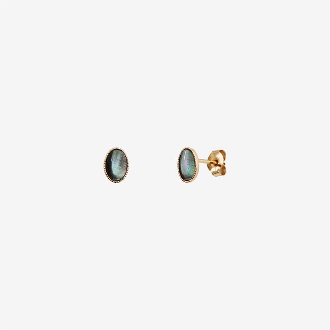 Boucles d'oreilles dorées - cab ovale nacre grise gris <span itemprop=