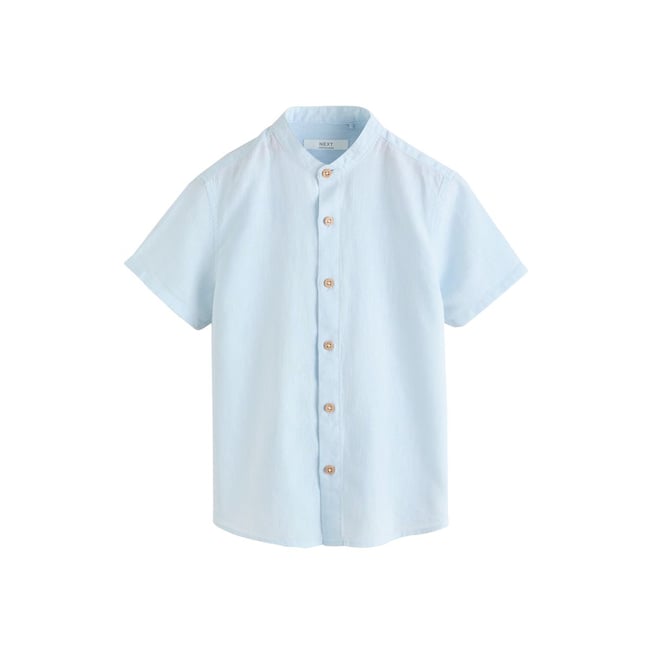 Chemise en lin mélangé à col grand-père bleu clair <span itemprop=