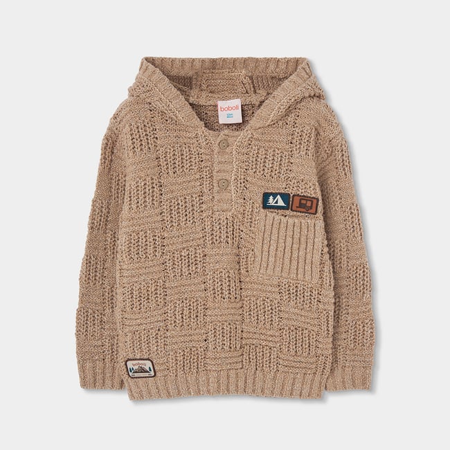 Pull garçon à capuche et patches marron <span itemprop=