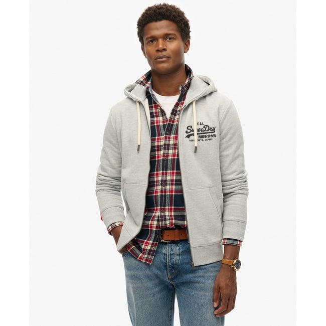 Sweat à capuche zippé et brodé Vintage Logo gris moyen chiné <span itemprop=