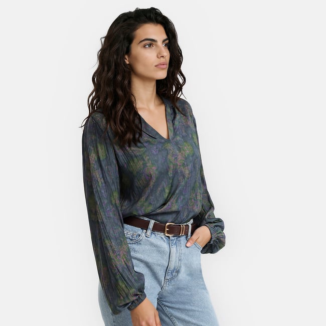 Blouse fluide, manches longues, imprimé cachemire  imprimé fond kaki <span itemprop=