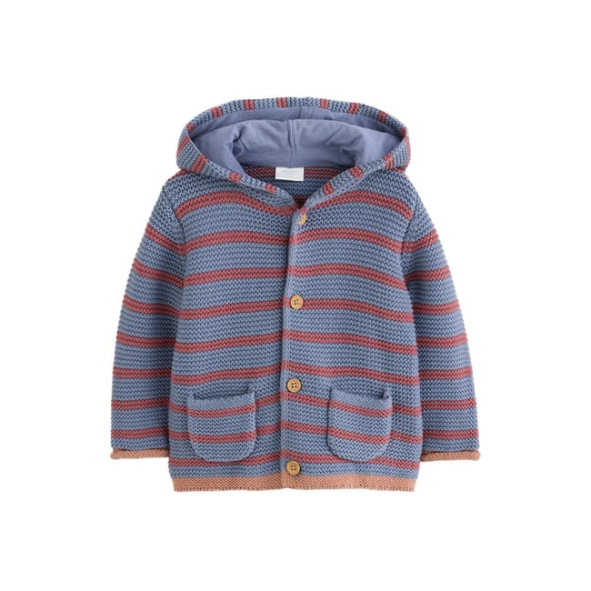 Cardigan bébé en maille rayures bleues et bordeaux <span itemprop=