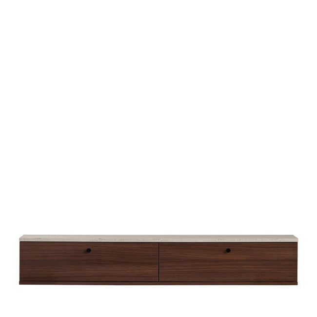 Meuble tv suspendu 2 portes en bois et effet travertin L160cm- YARA Couleur bois foncé <span itemprop=