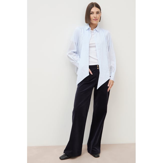 Pantalon flare taille haute en velours bleu foncé <span itemprop=