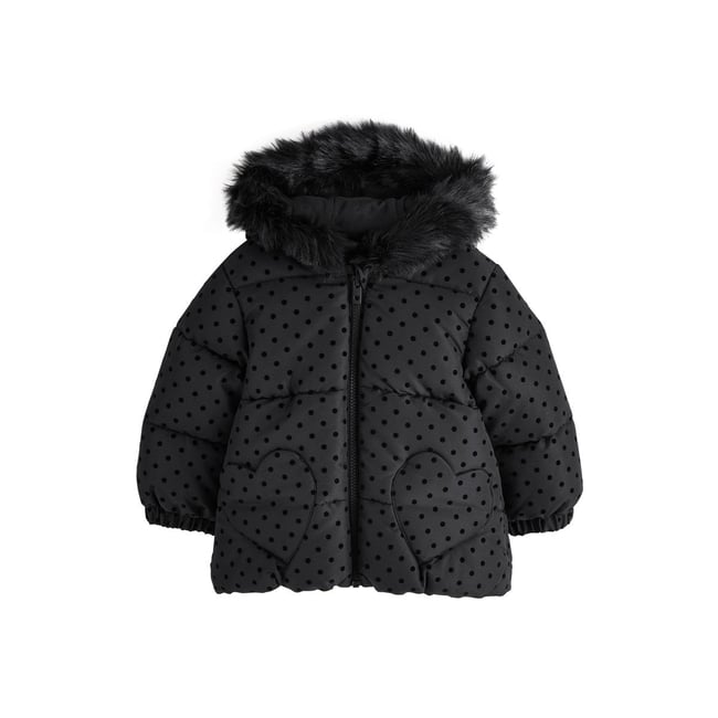 Manteau matelassé imperméable noir à pois <span itemprop=