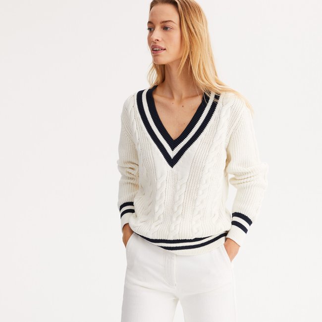 Cable Knit Jumper with V-Neck, ivory, ANNE WEYBURN