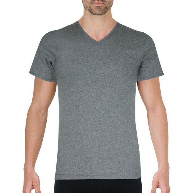 T-shirt com decote em V, mangas curtas cinzento mesclado <span itemprop=
