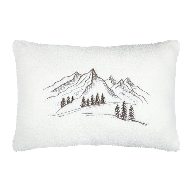 Coussin rectangulaire en bouclette à motif montagne blanc <span itemprop=