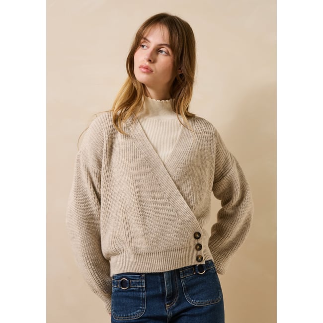 Gilet ample en côtes perlées col V greige <span itemprop=
