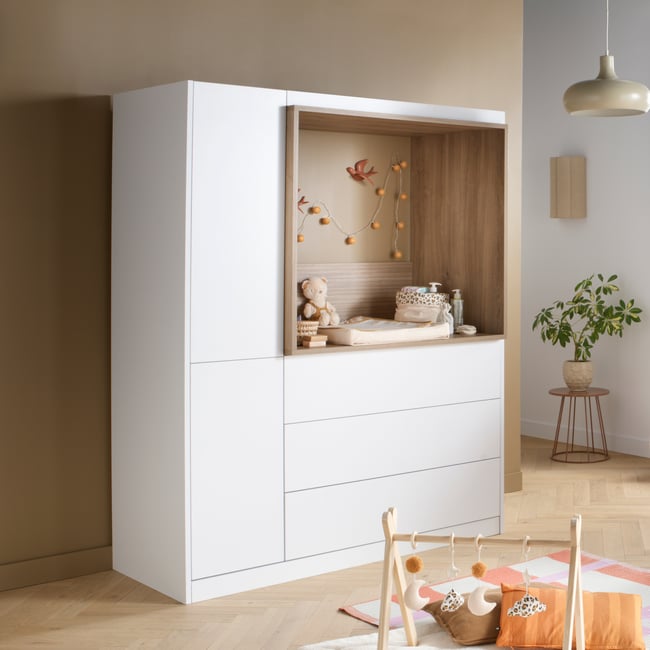 Combiné commode à langer 3 tiroirs, 1 colonne et niche décor chêne mokka Couleur blanc <span itemprop=